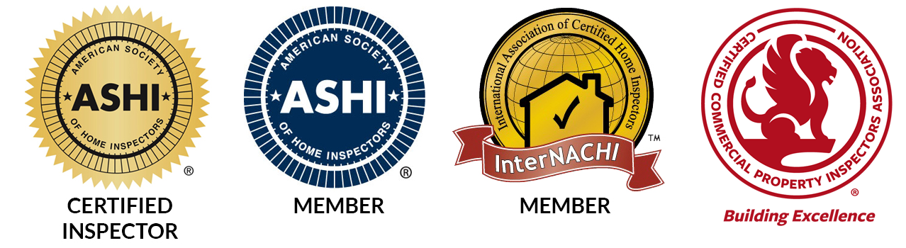 American Society of Home Inspectors (ASHI) Certified Inspector logo, ASHI Member logo, and International Association of Certified Home Inspectors (InterNACHI) member logo